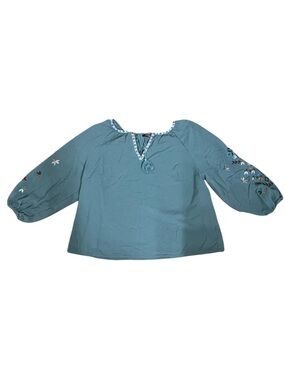Plus Size Embroidered Peasant Blouse Women’s 22/24 Boho Top Blue